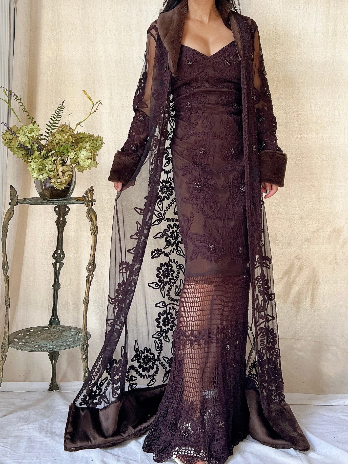 Vintage 2-Piece Chocolate Crochet Set - M