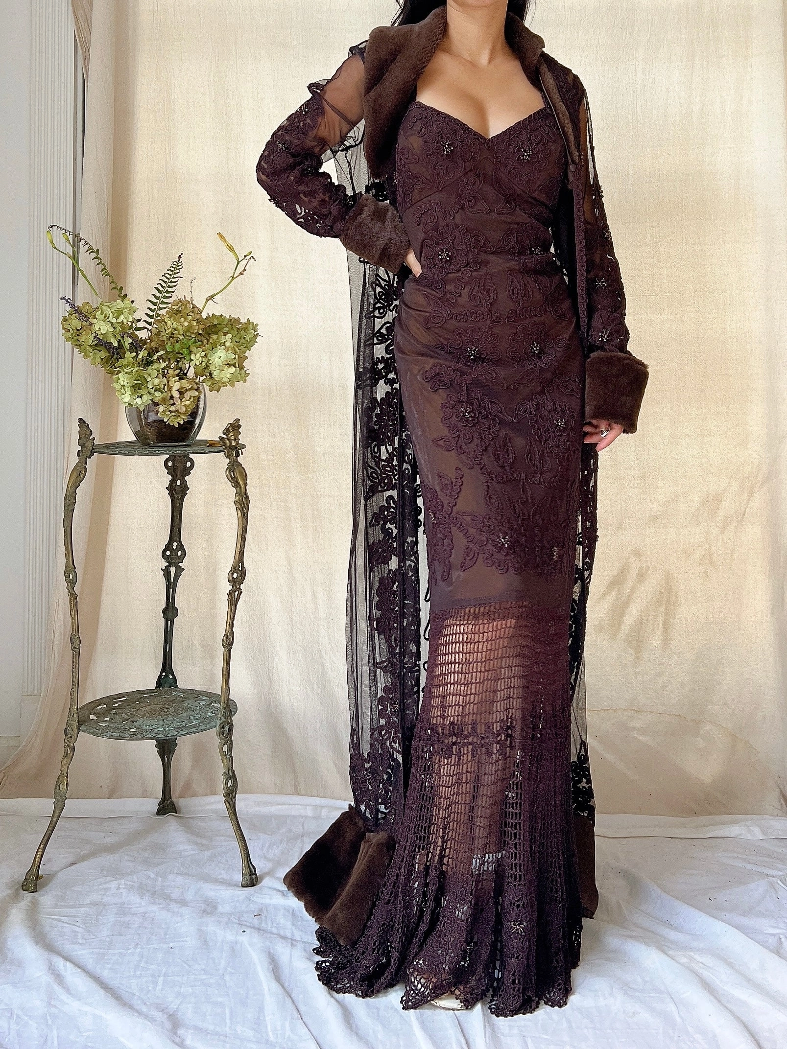 Vintage 2-Piece Chocolate Crochet Set - M