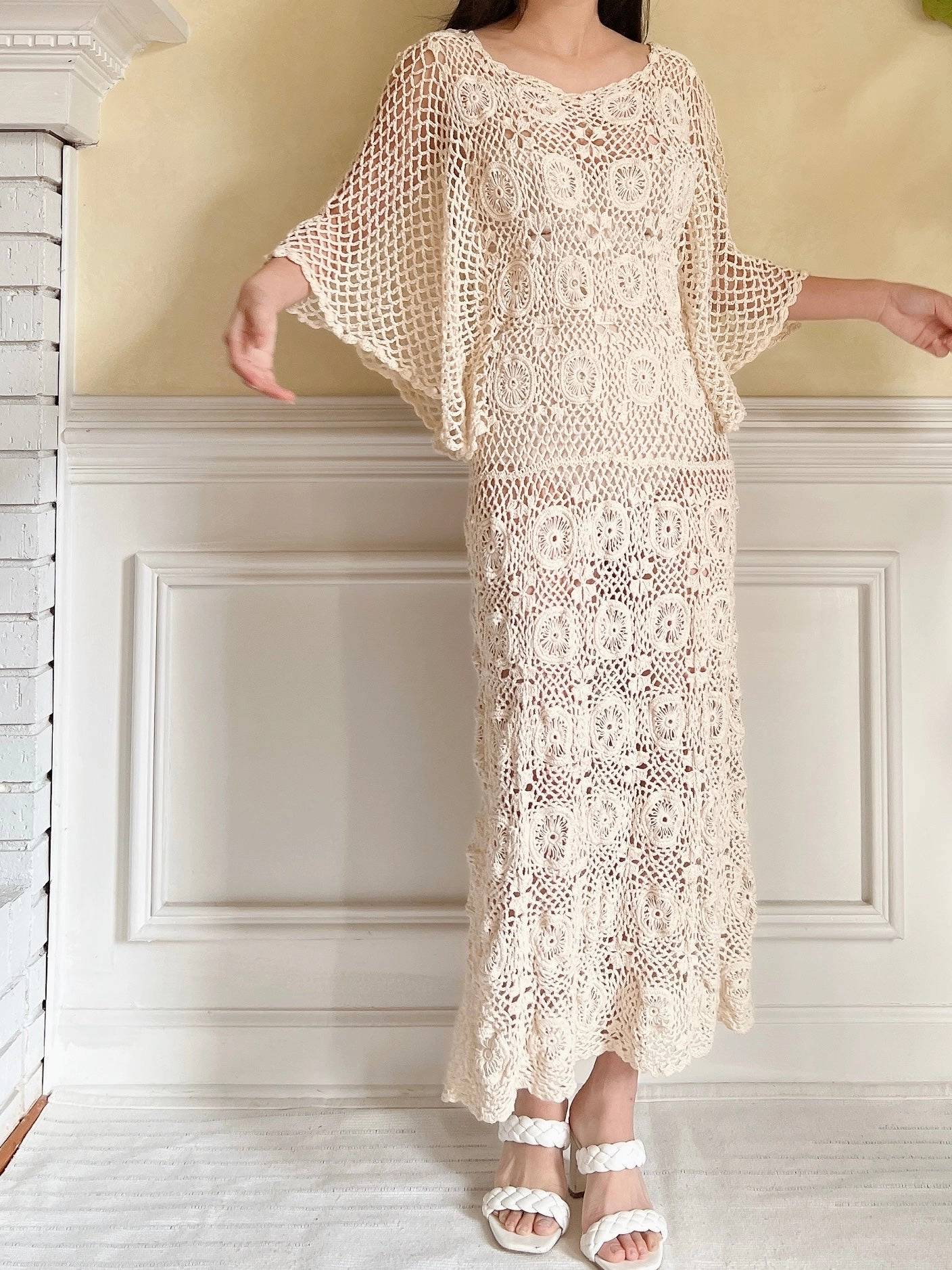 Vintage Beige Crochet Dress - S-L