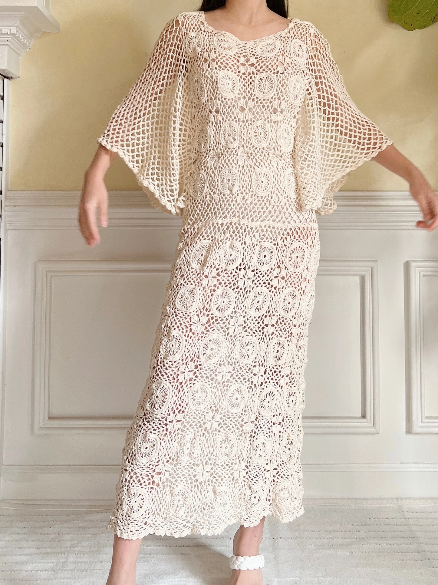 Vintage Beige Crochet Dress - S-L