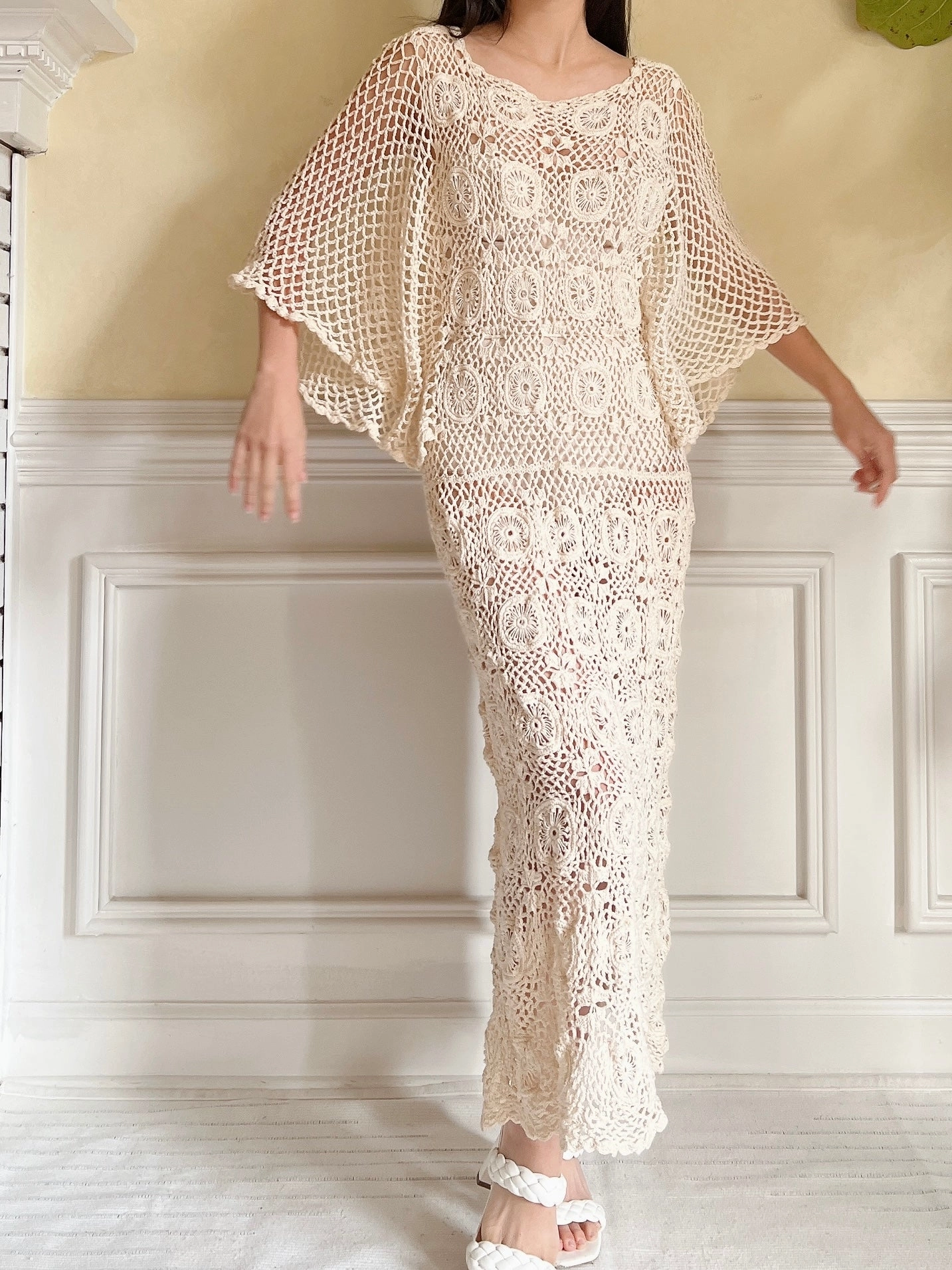 Vintage Beige Crochet Dress - S-L
