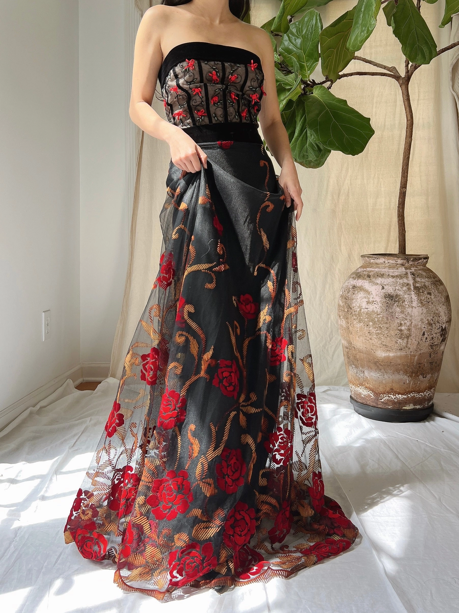 Vintage Floral Strapless Dress - L