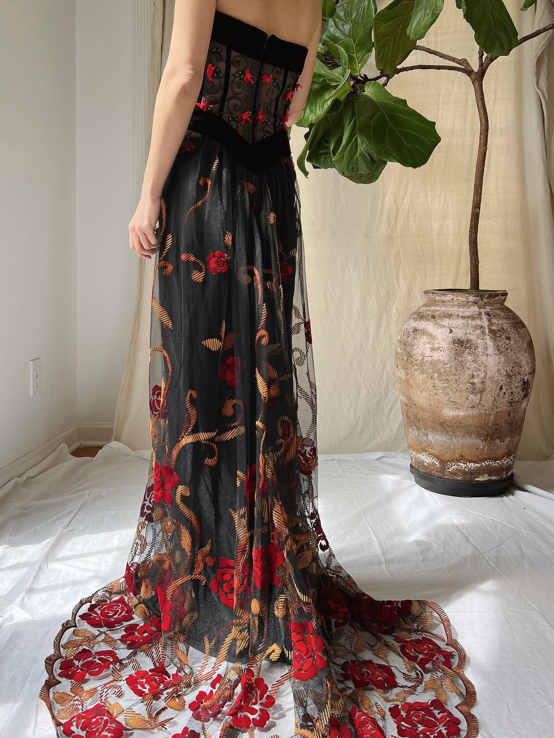 Vintage Floral Strapless Dress - L