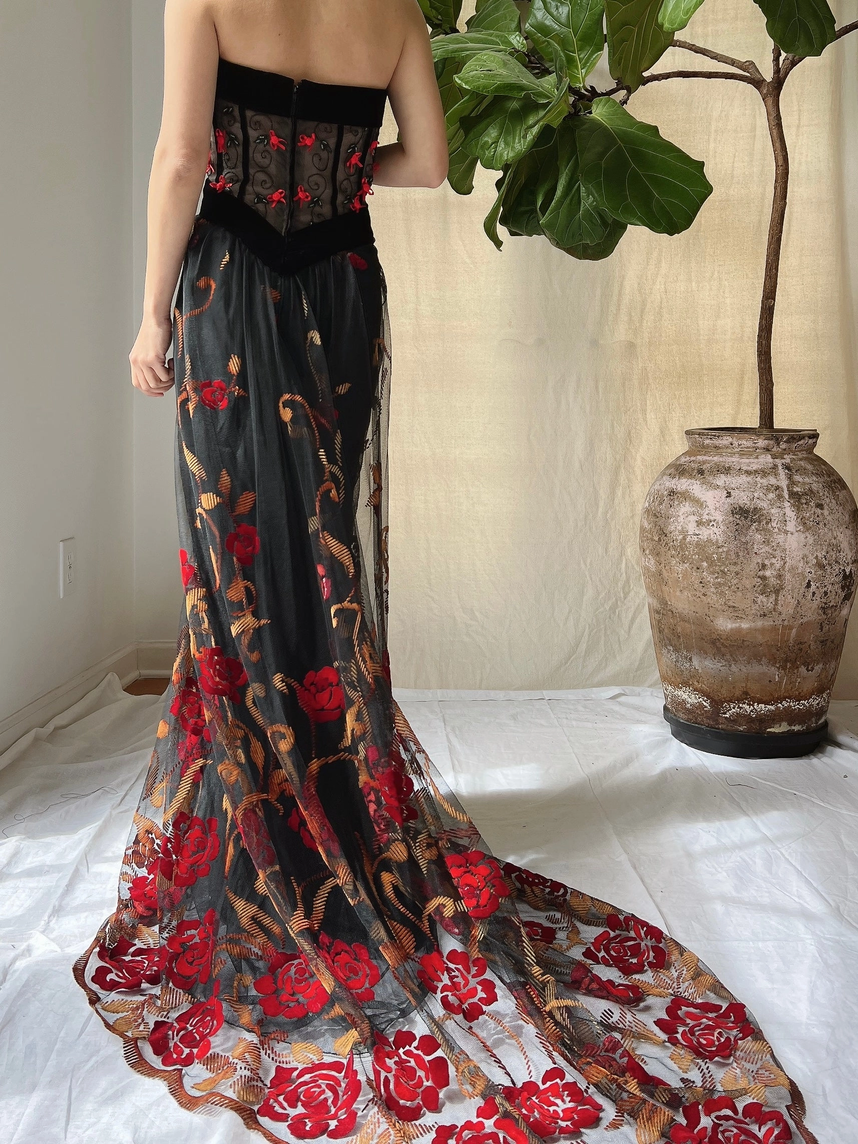 Vintage Floral Strapless Dress - L