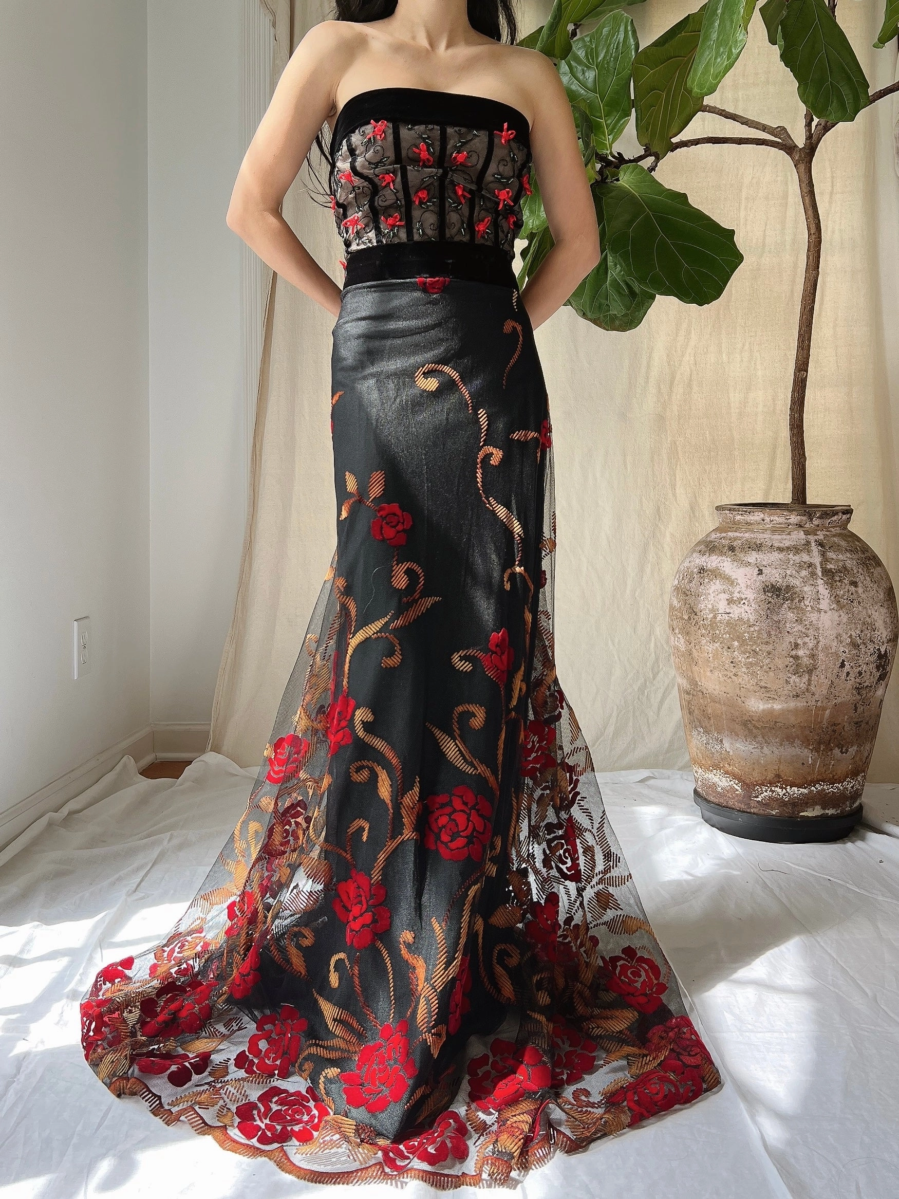 Vintage Floral Strapless Dress - L
