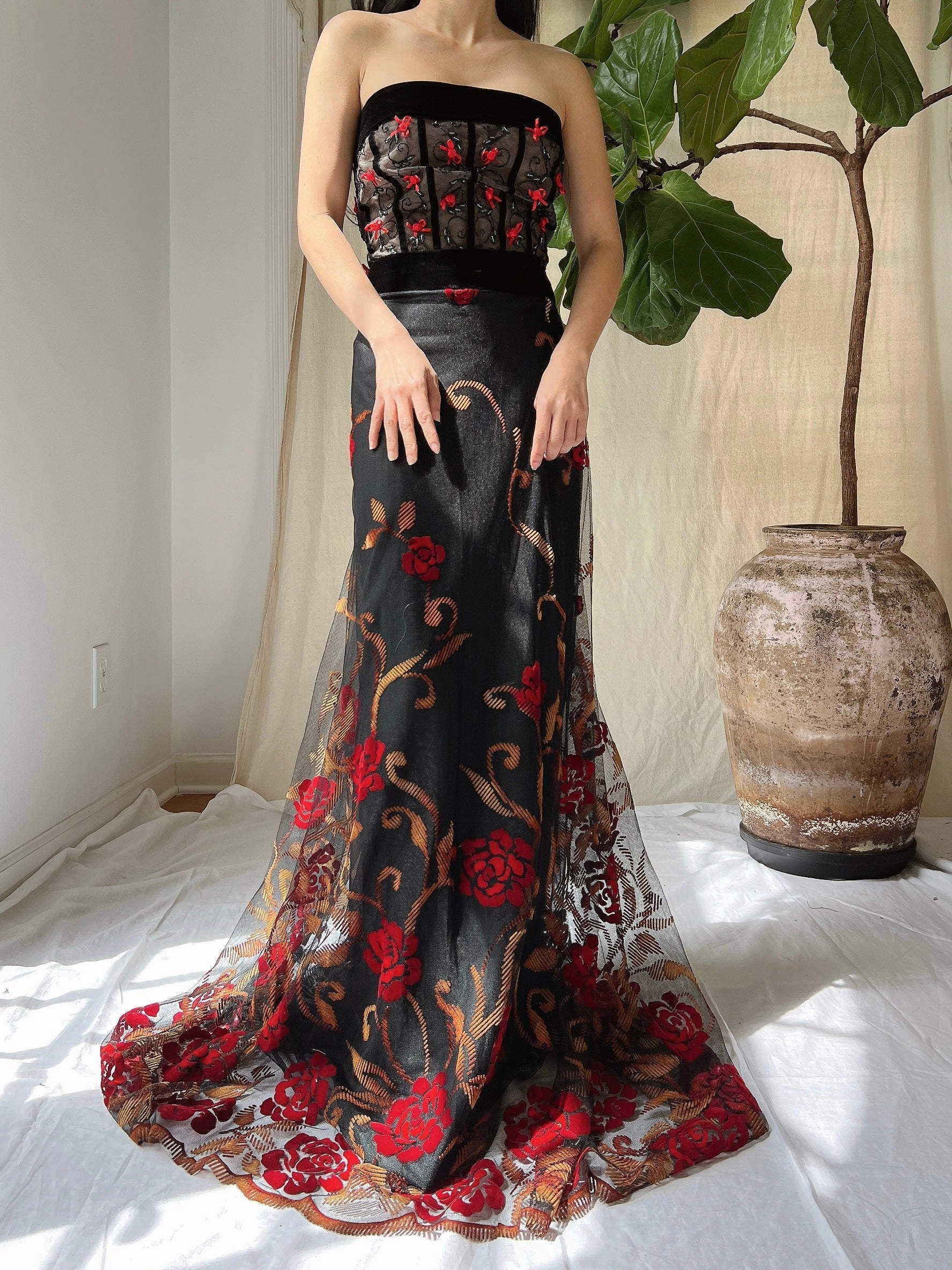 Vintage Floral Strapless Dress - L