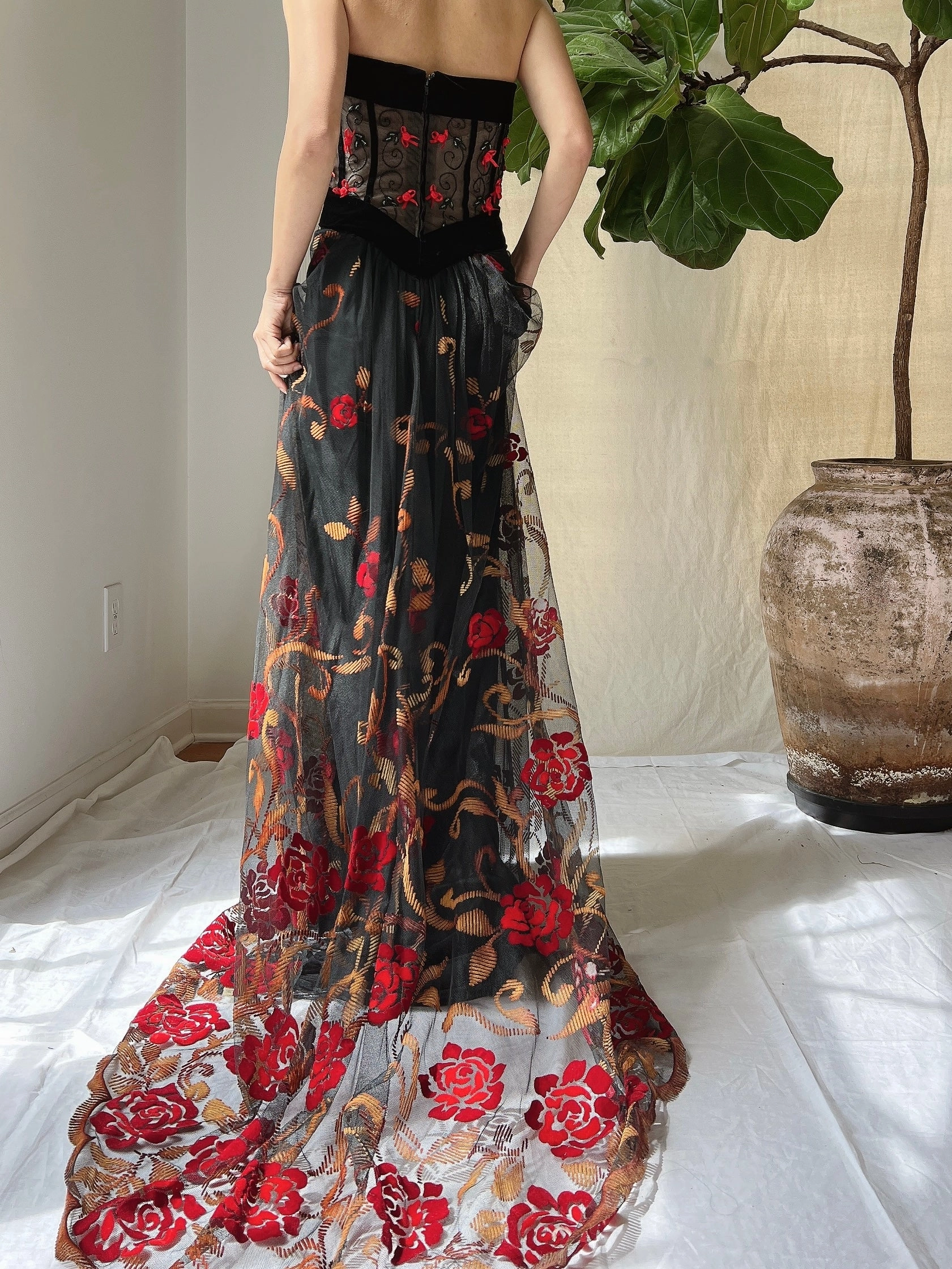 Vintage Floral Strapless Dress - L
