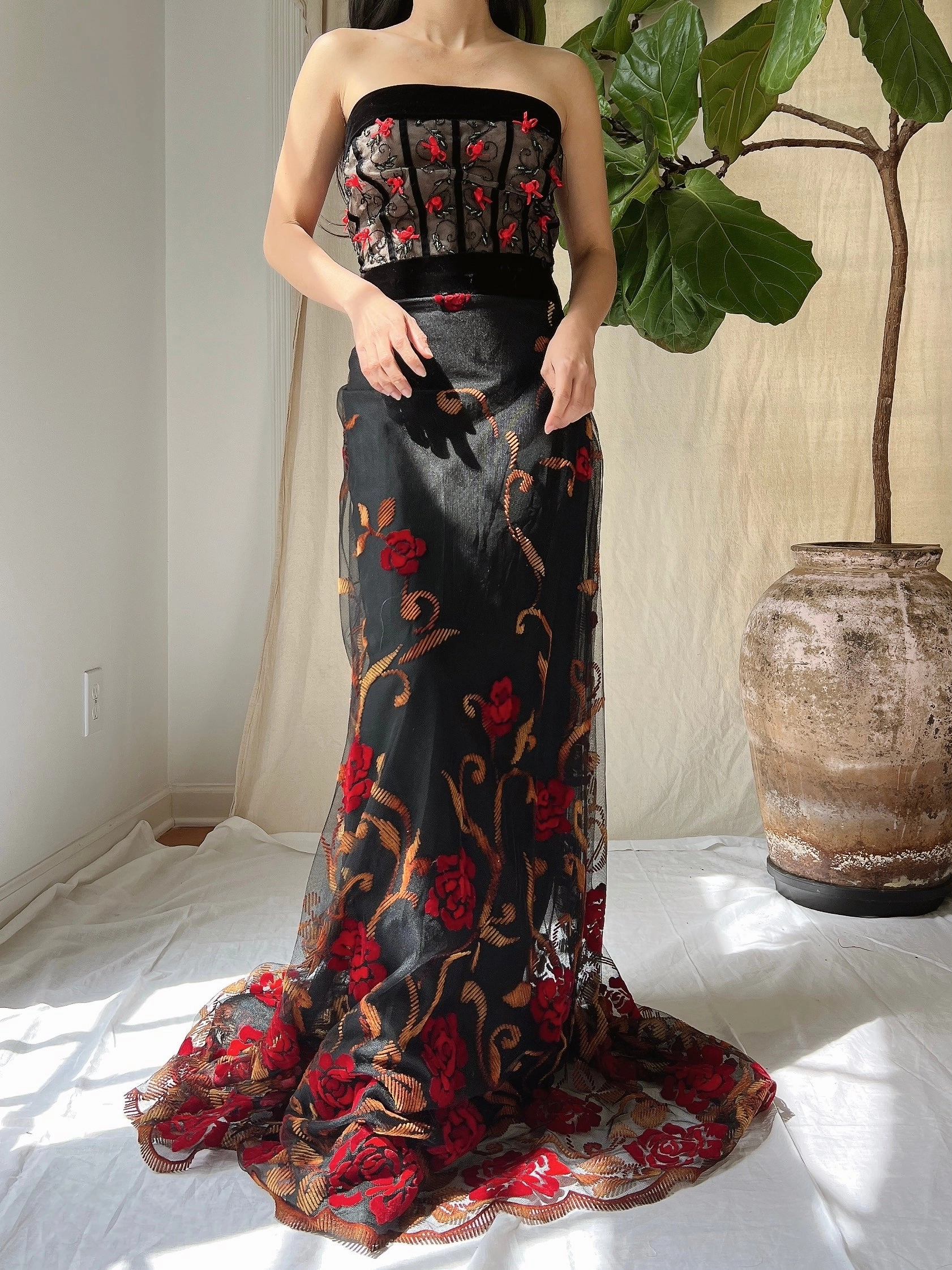 Vintage Floral Strapless Dress - L