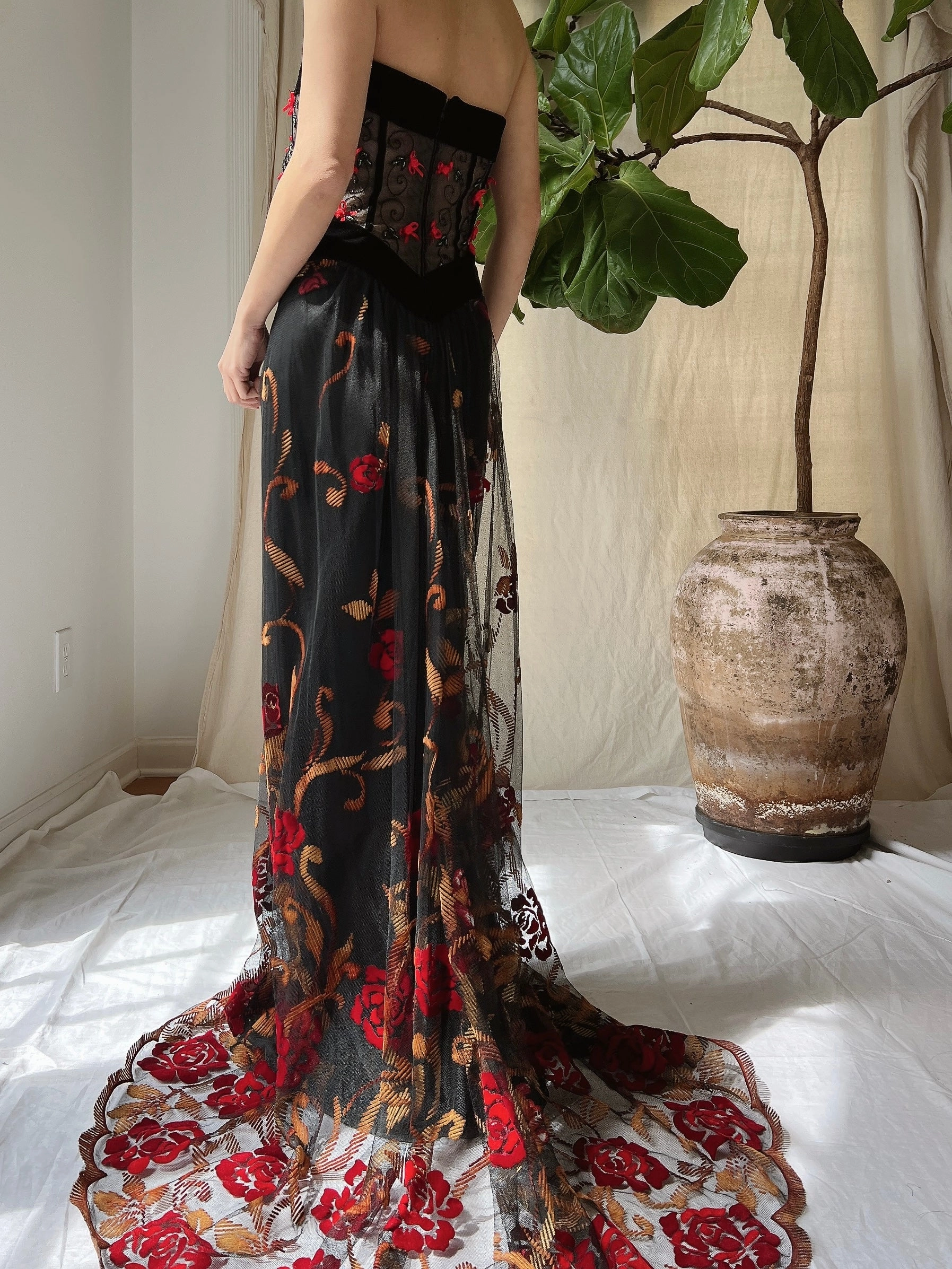 Vintage Floral Strapless Dress - L