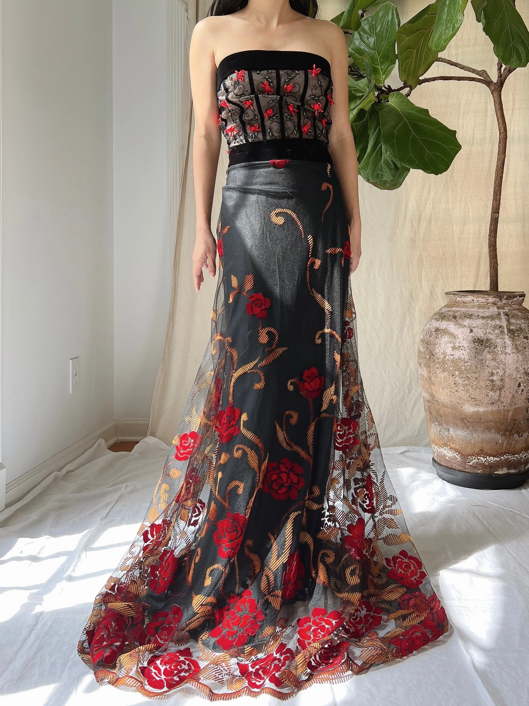 Vintage Floral Strapless Dress - L