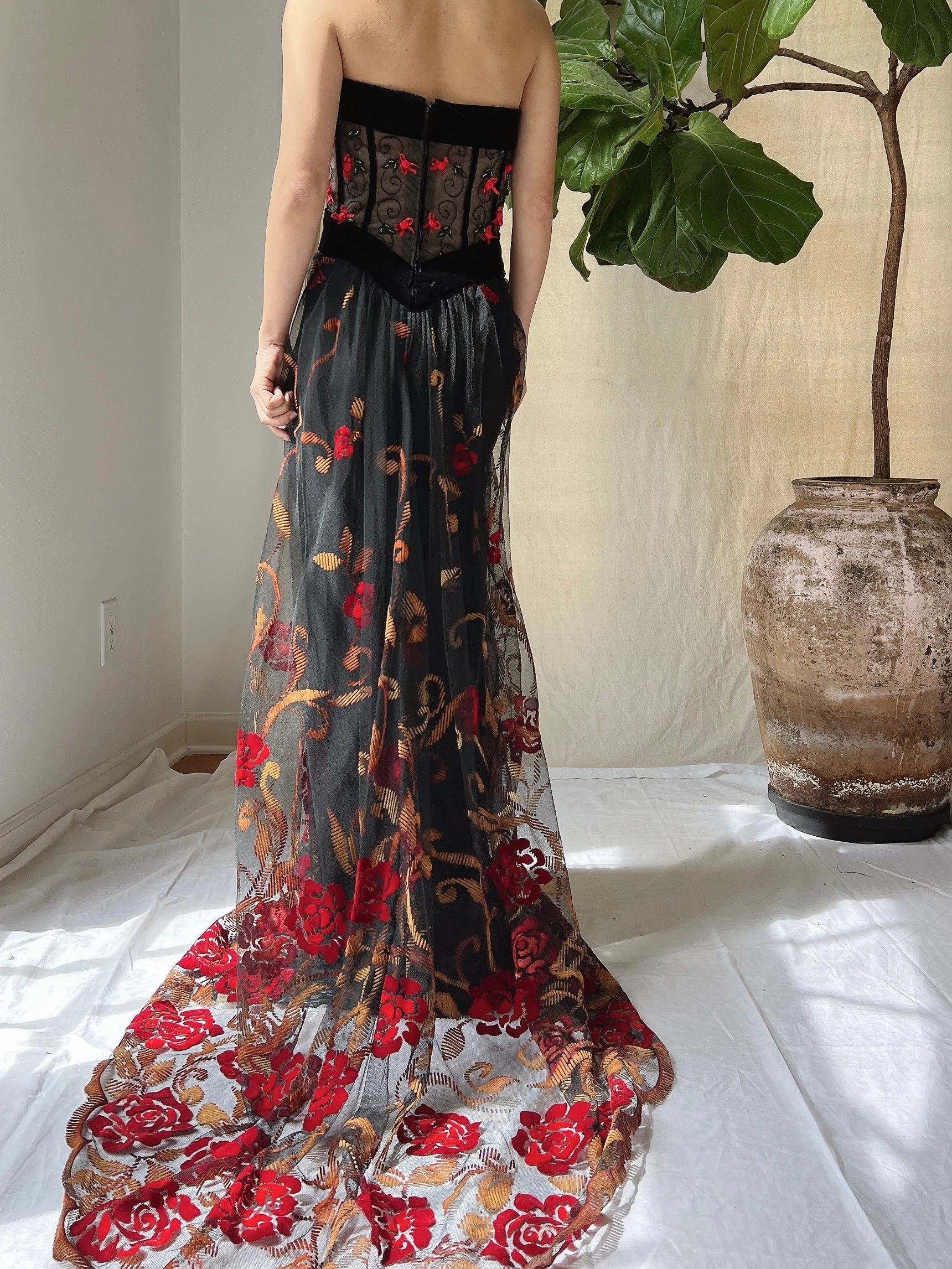 Vintage Floral Strapless Dress - L