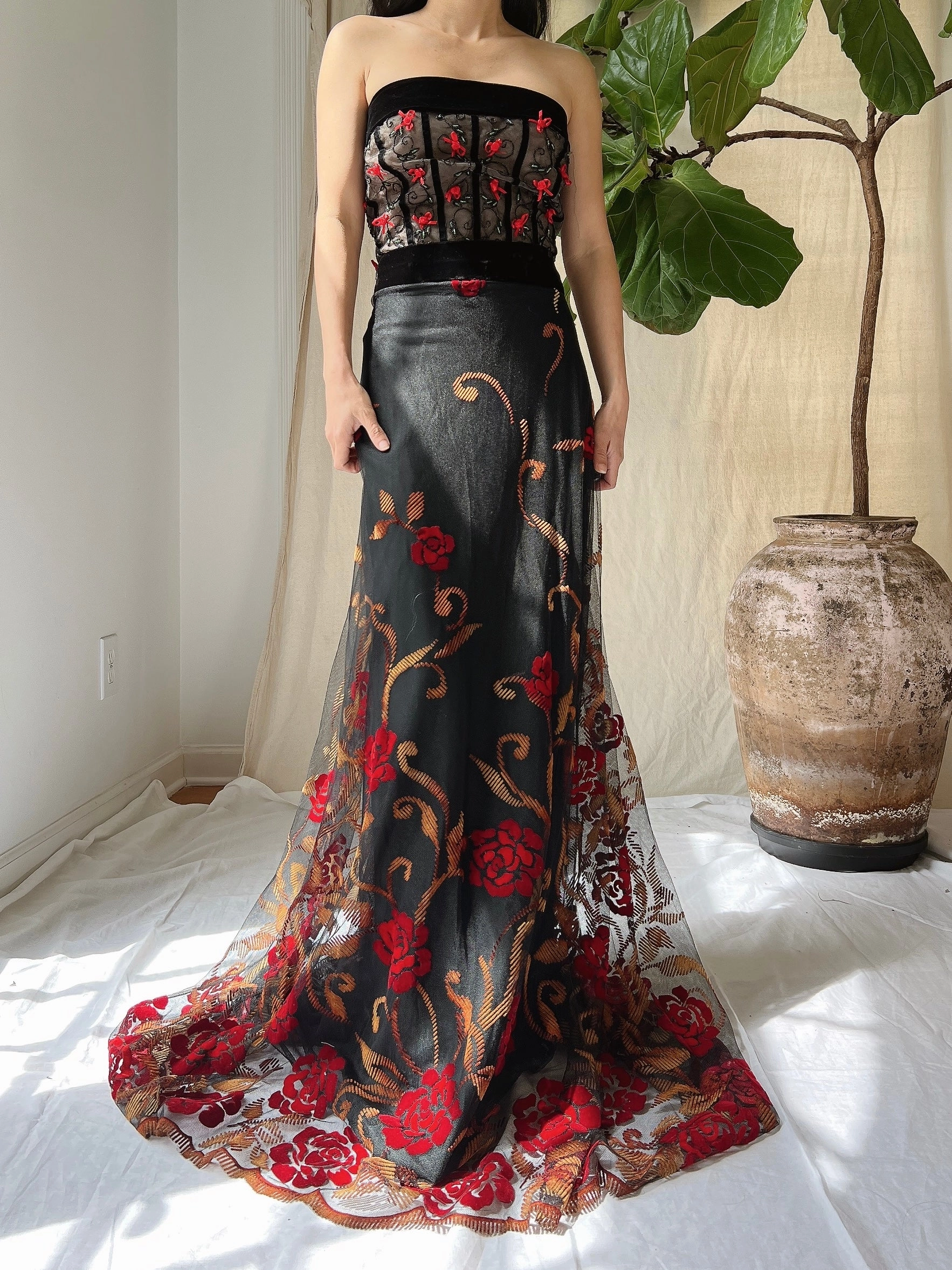 Vintage Floral Strapless Dress - L