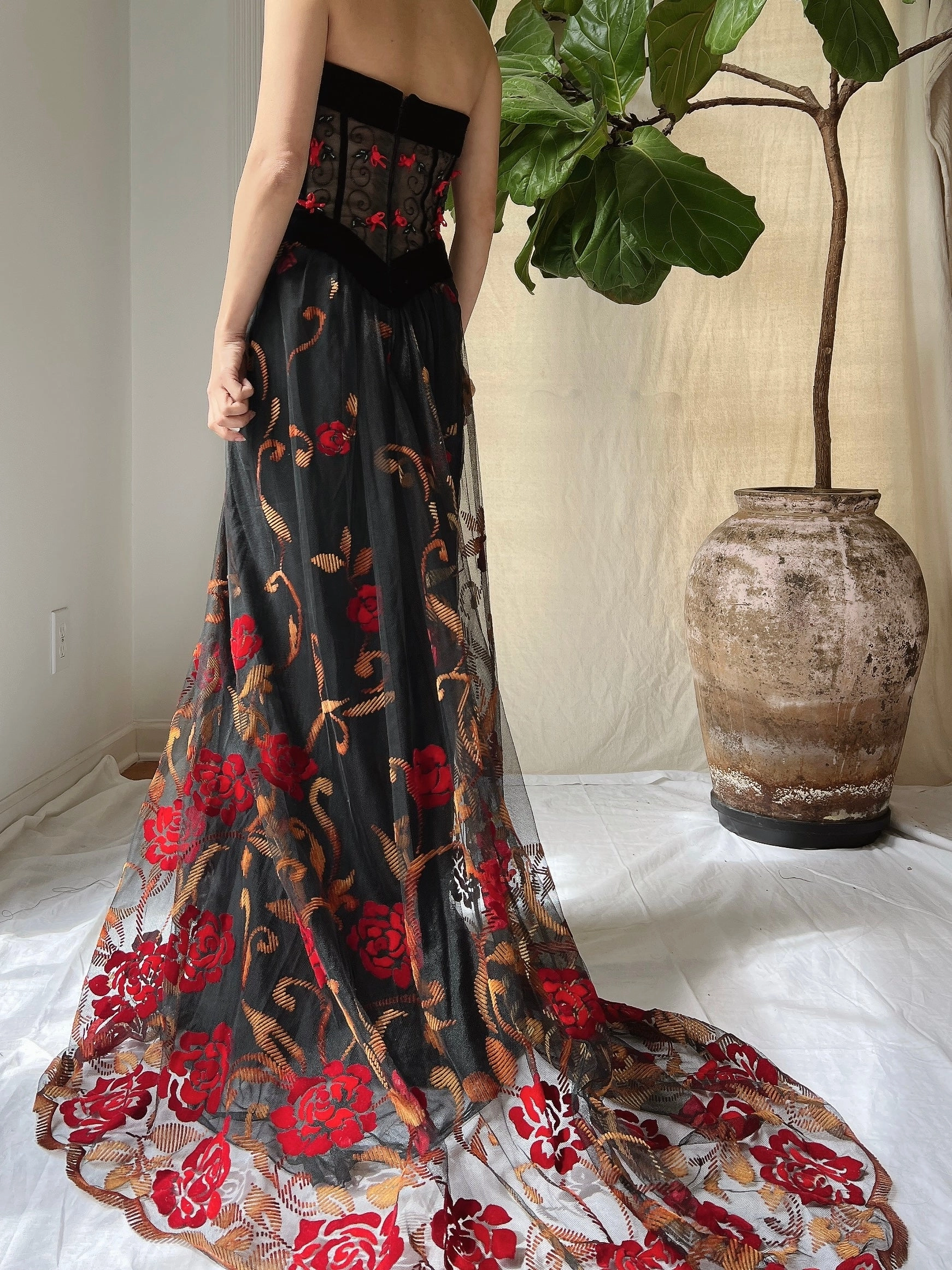 Vintage Floral Strapless Dress - L
