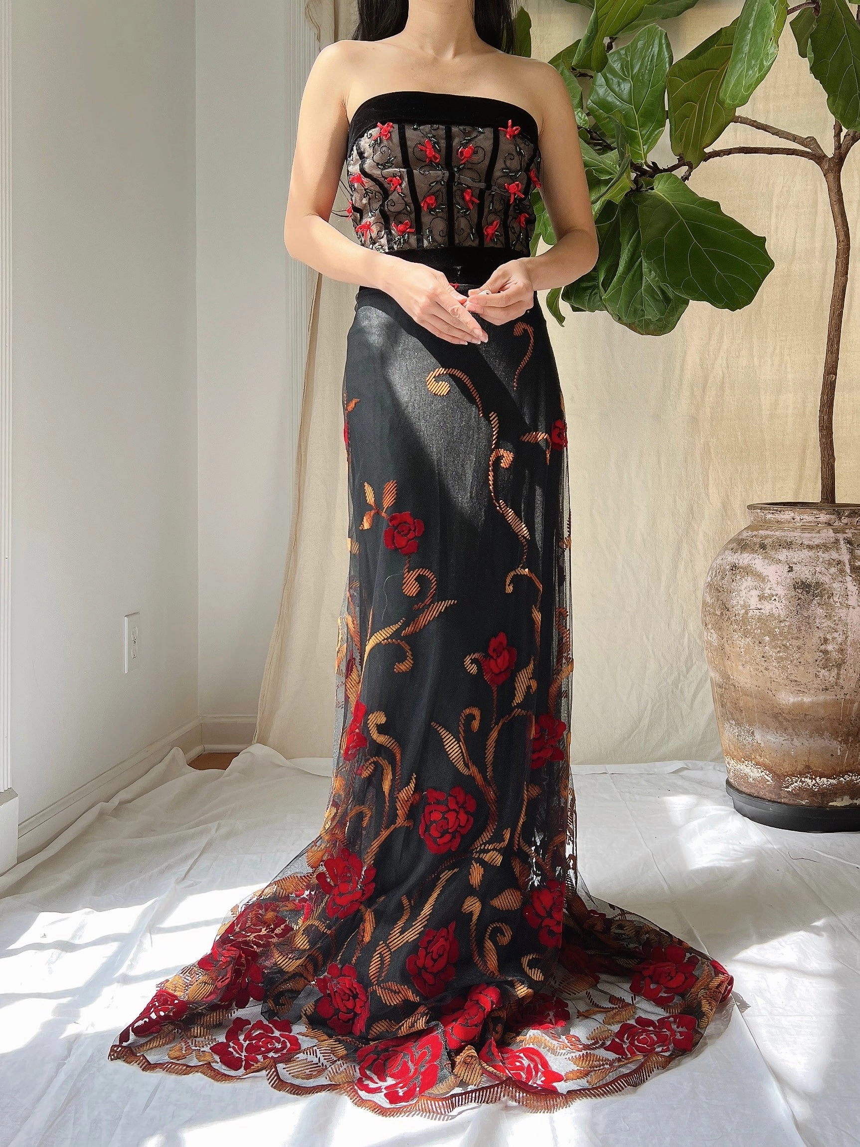 Vintage Floral Strapless Dress - L