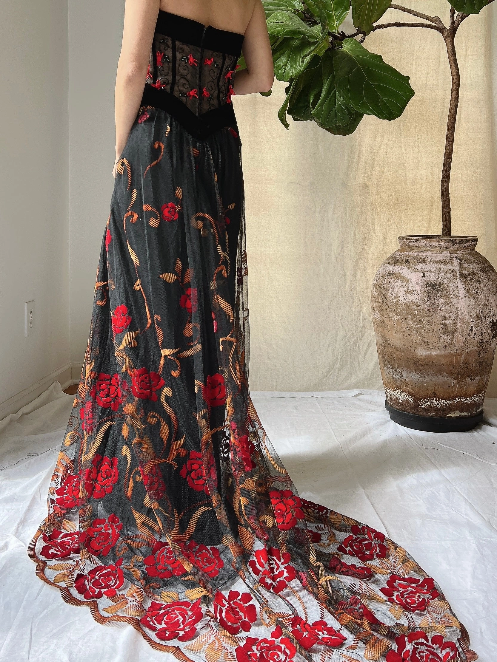 Vintage Floral Strapless Dress - L