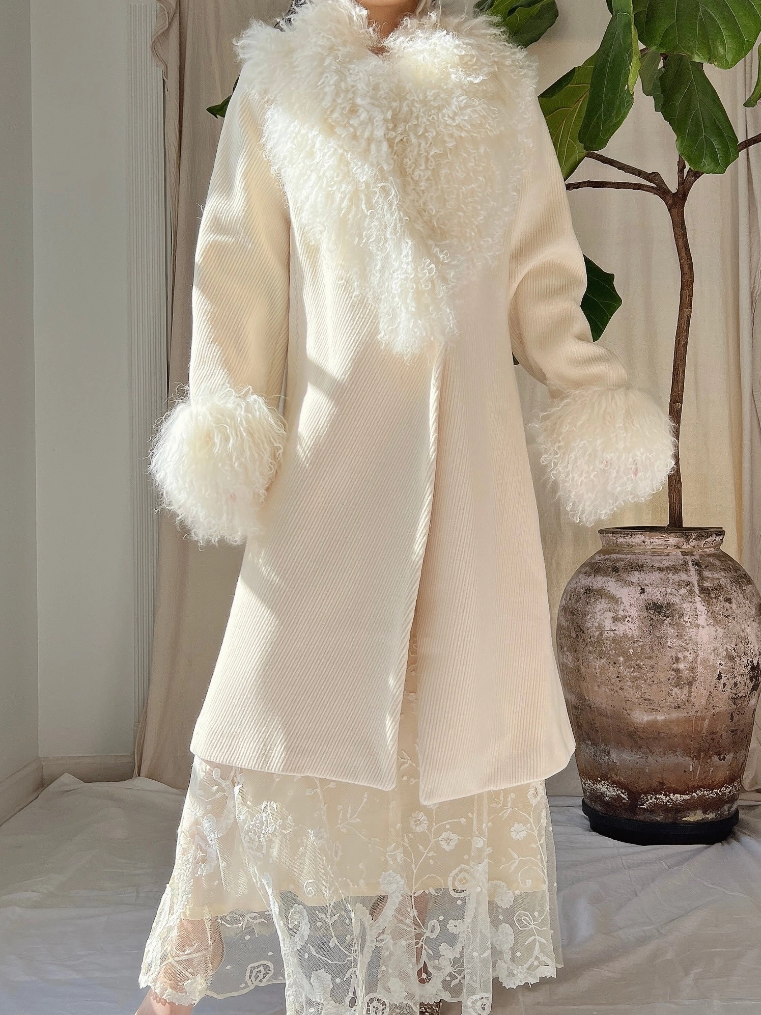 Vintage Ivory Sheared Mongolian Coat - M
