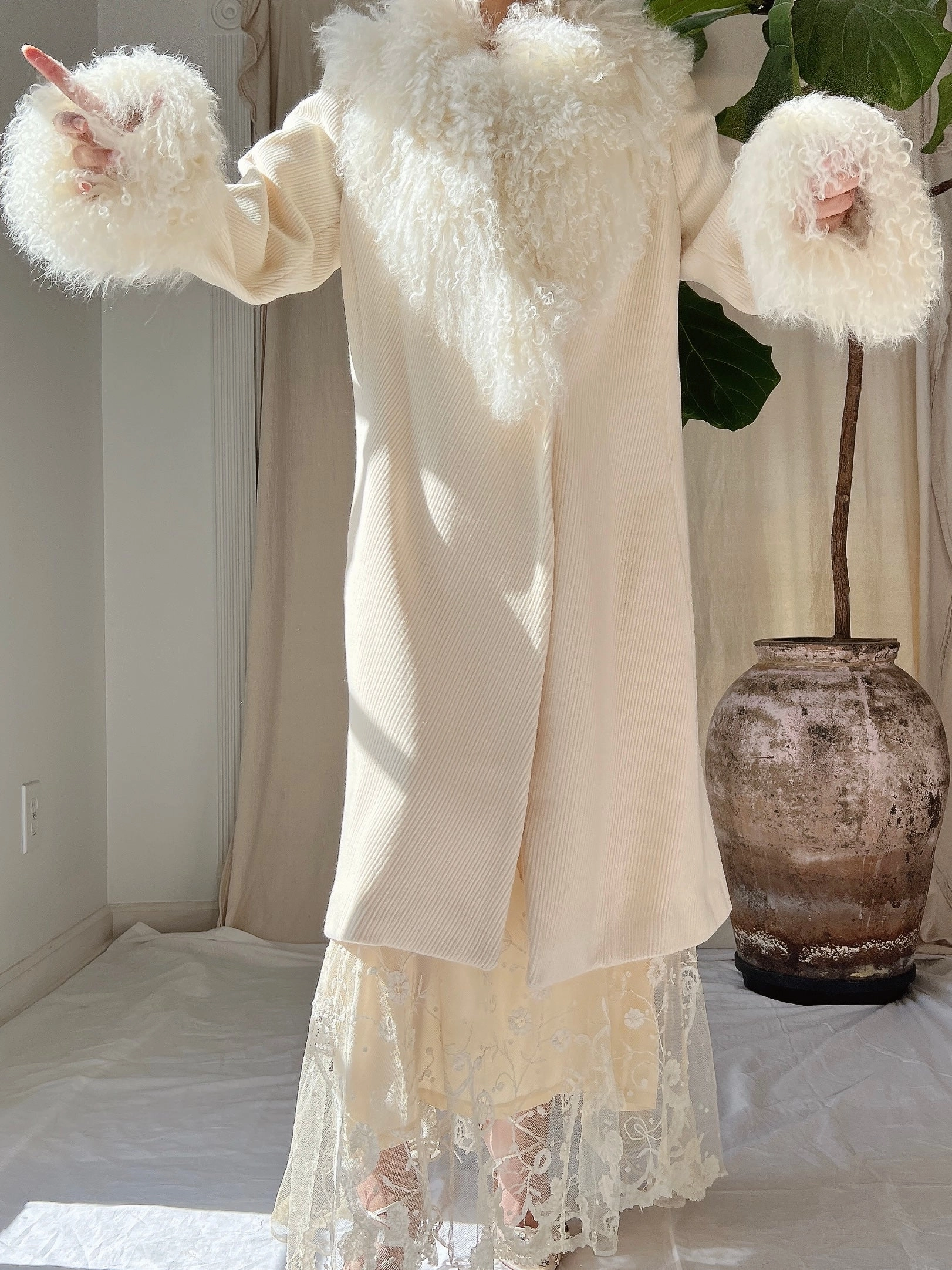 Vintage Ivory Sheared Mongolian Coat - M