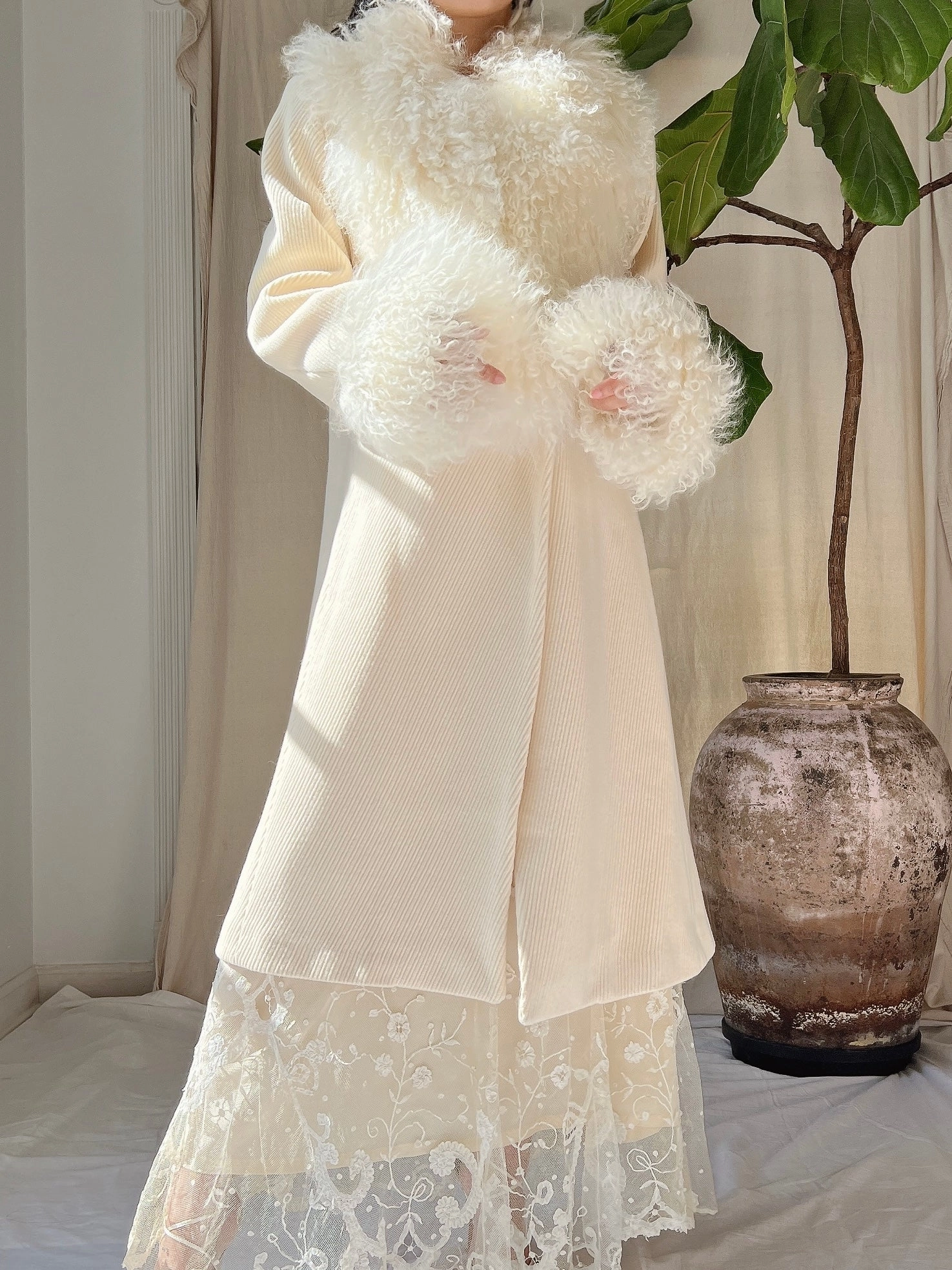 Vintage Ivory Sheared Mongolian Coat - M