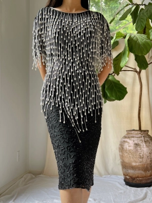 Vintage Pearl Fringe Dress - S/M