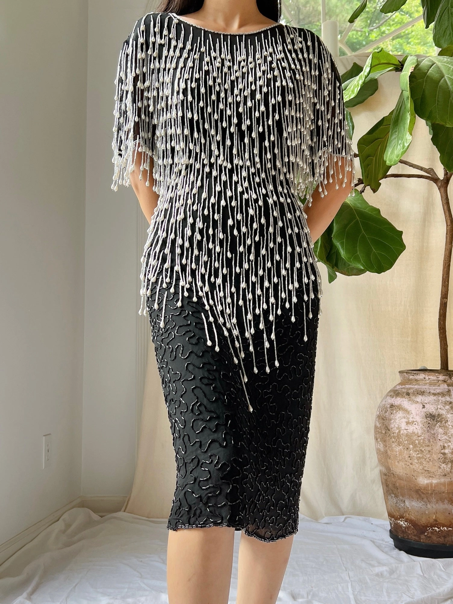Vintage Pearl Fringe Dress - S/M