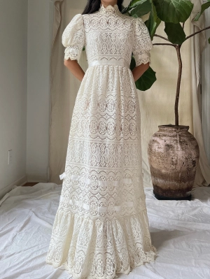 Vintage Puff Sleeves Crochet Dress - S