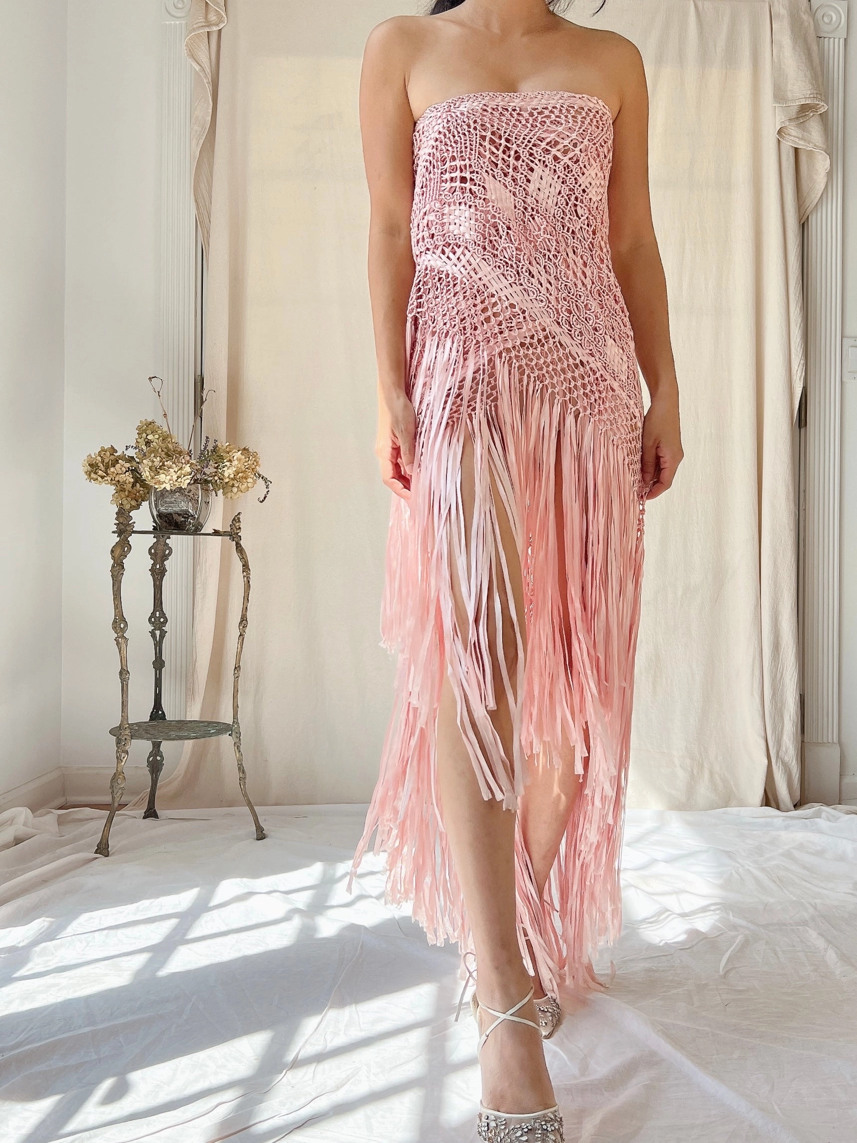 Vintage Silk Fringe Crochet Shawl - OSFM