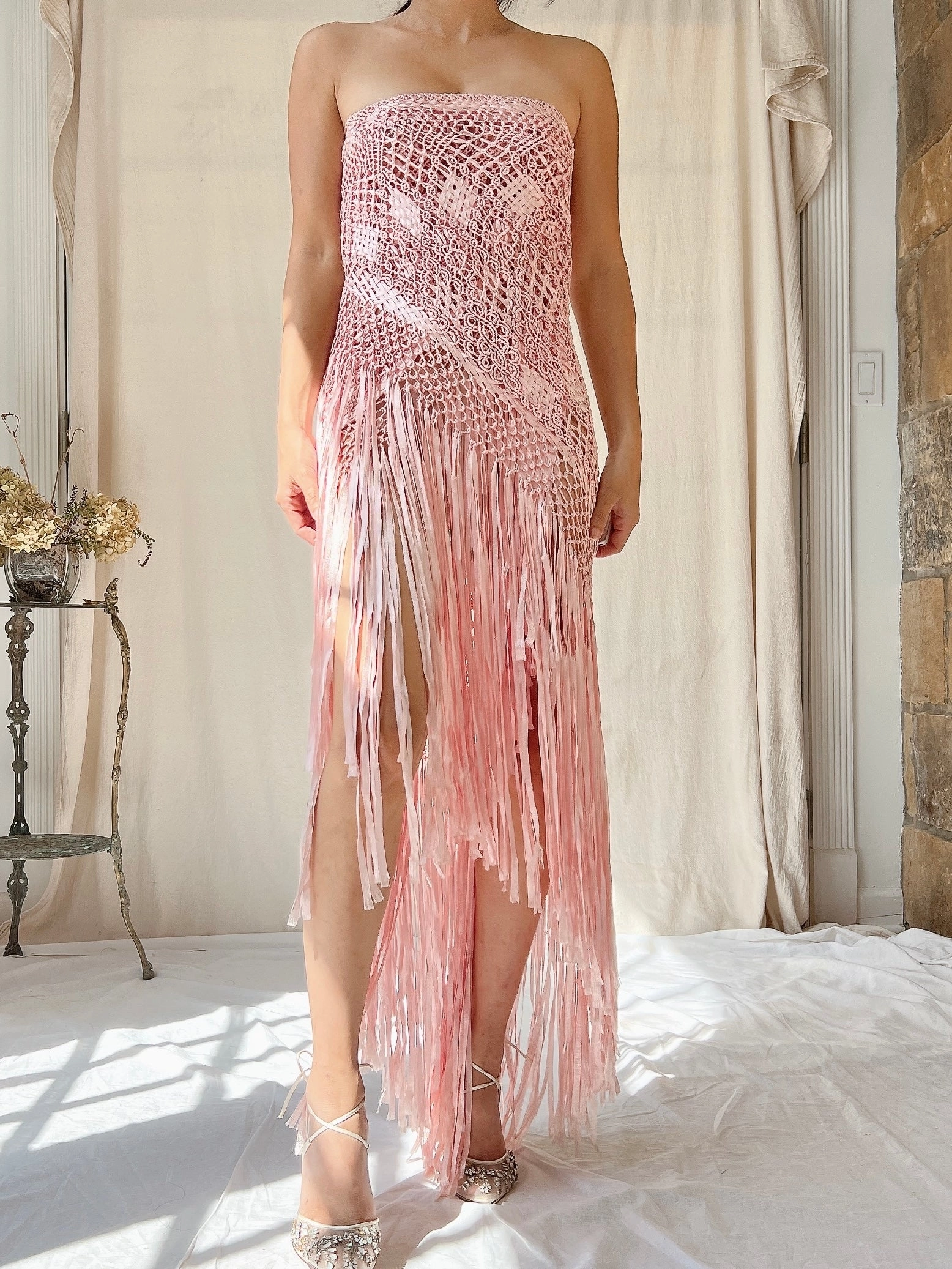 Vintage Silk Fringe Crochet Shawl - OSFM