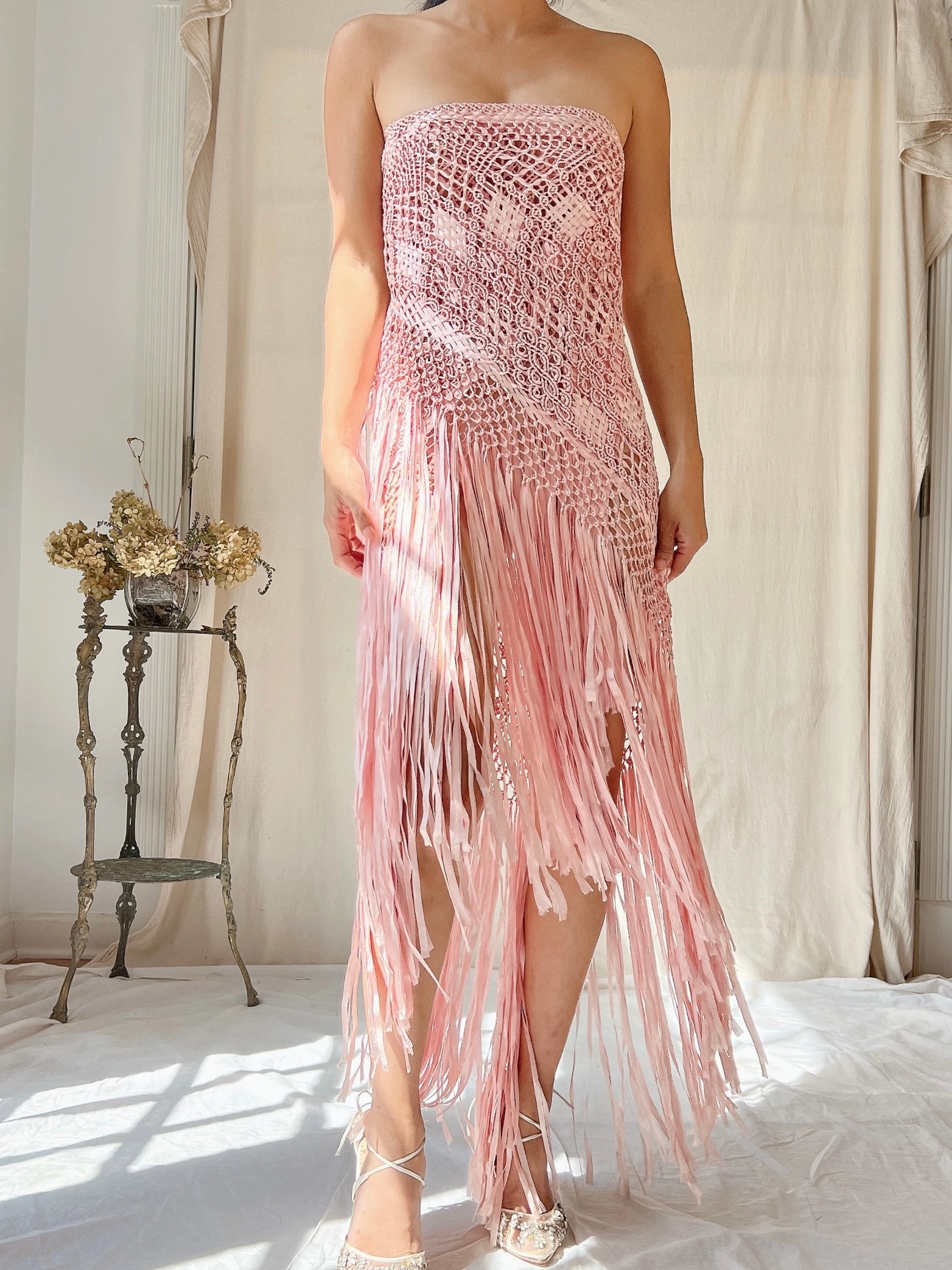 Vintage Silk Fringe Crochet Shawl - OSFM