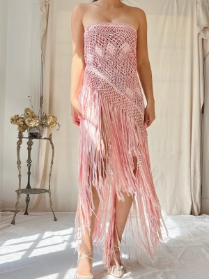 Vintage Silk Fringe Crochet Shawl - OSFM
