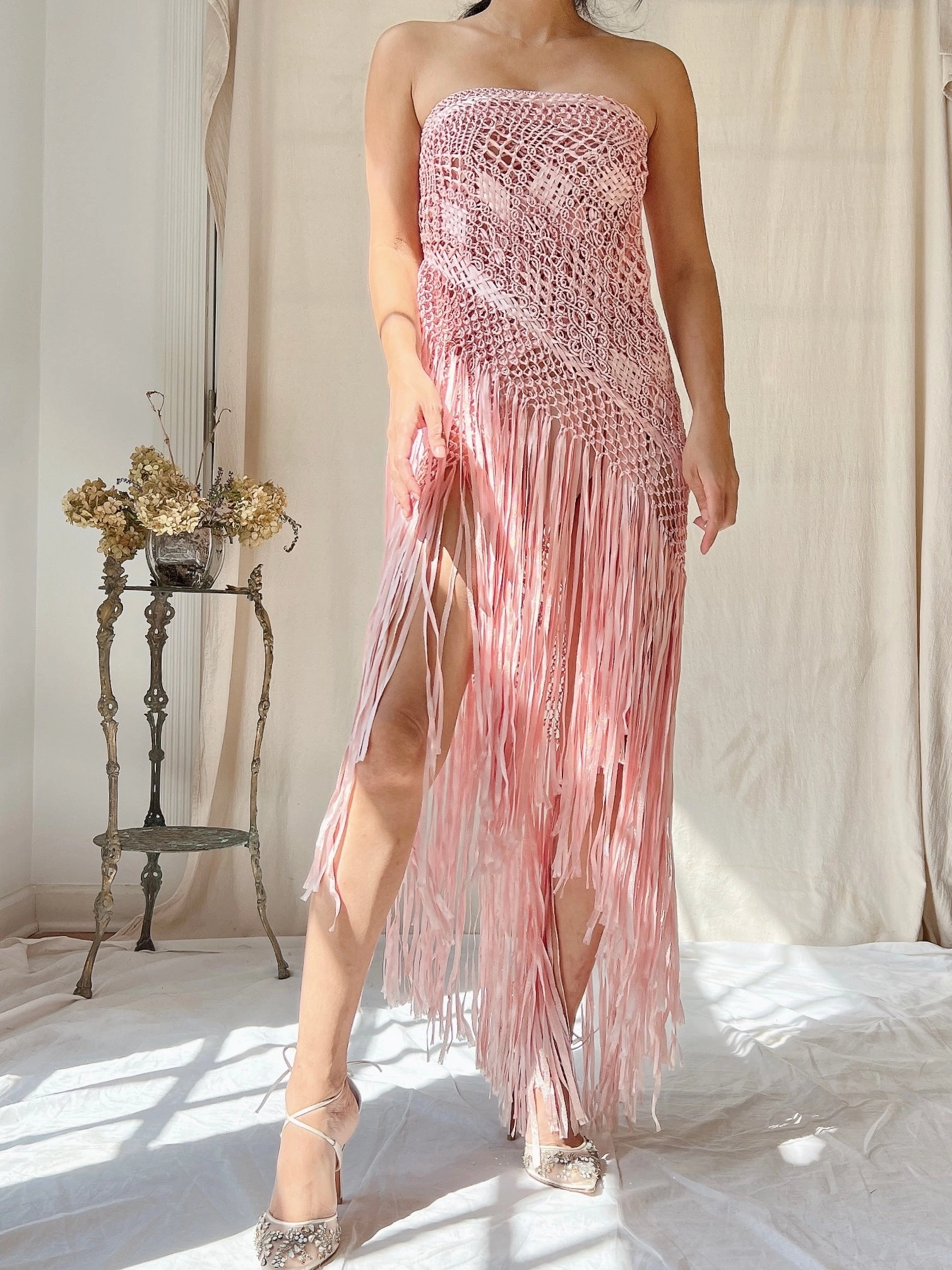 Vintage Silk Fringe Crochet Shawl - OSFM