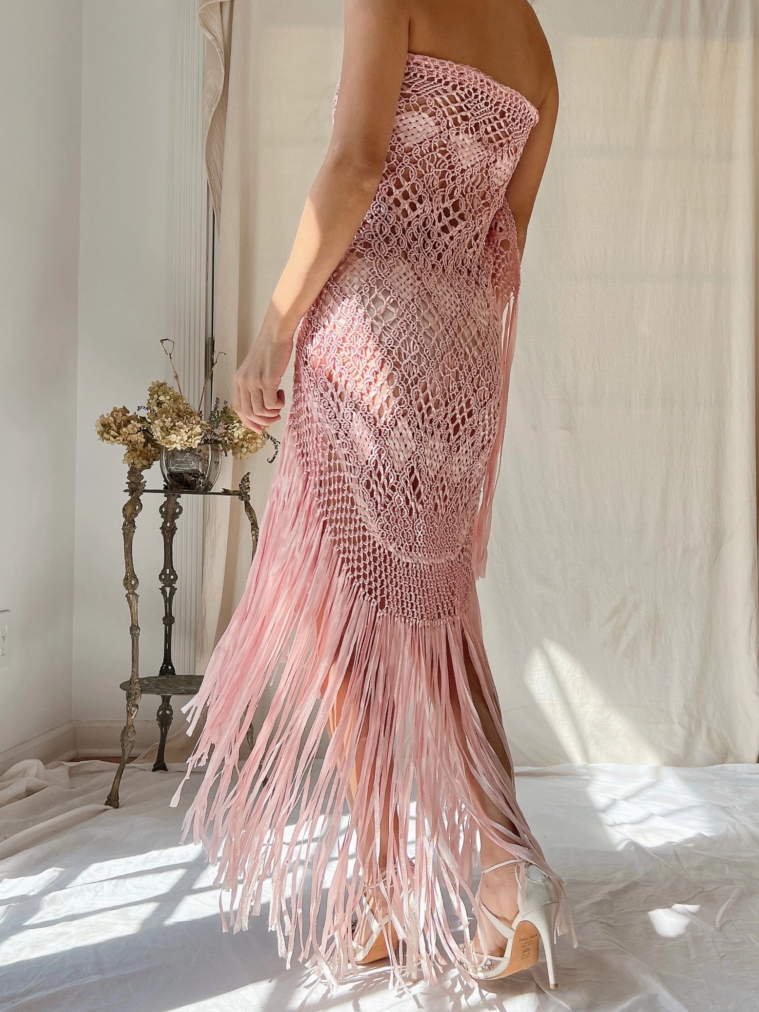 Vintage Silk Fringe Crochet Shawl - OSFM