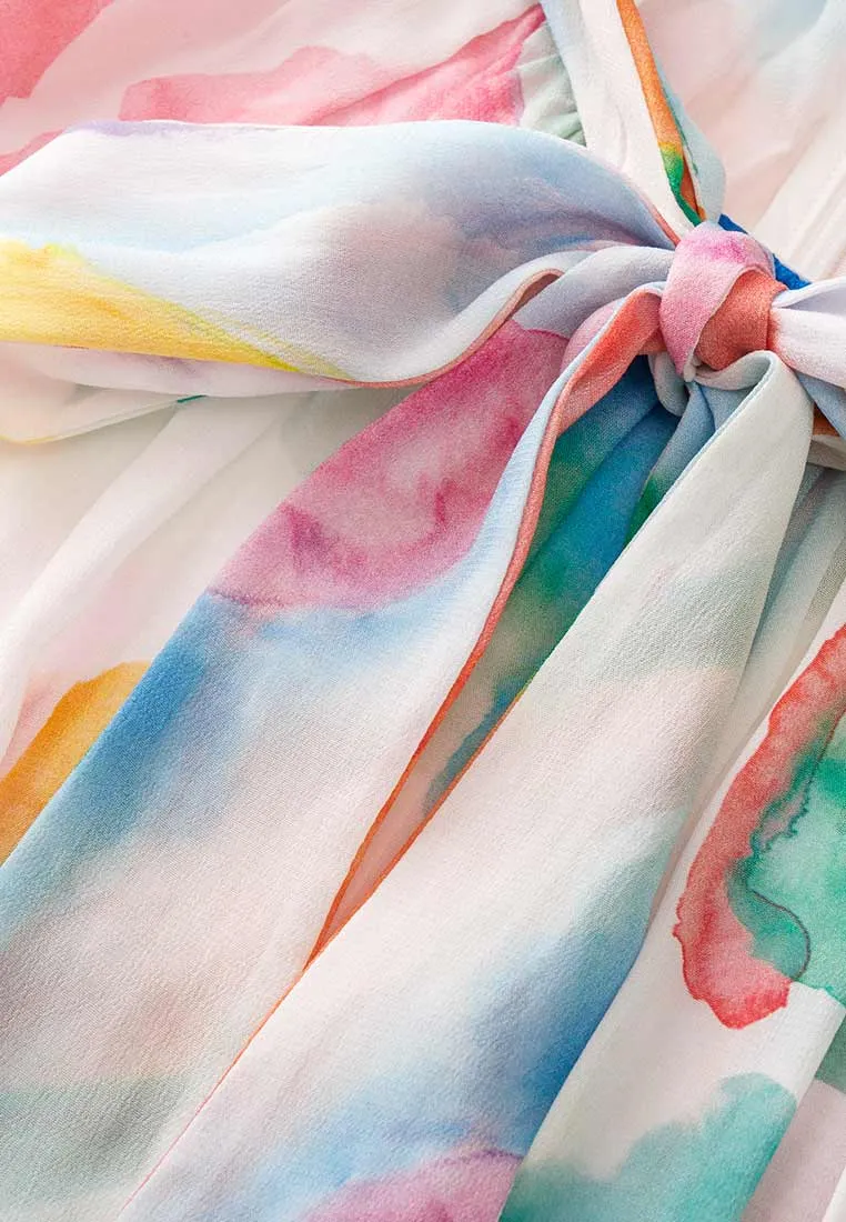 Watercolor Stroke Pussy Bow Collar Dress