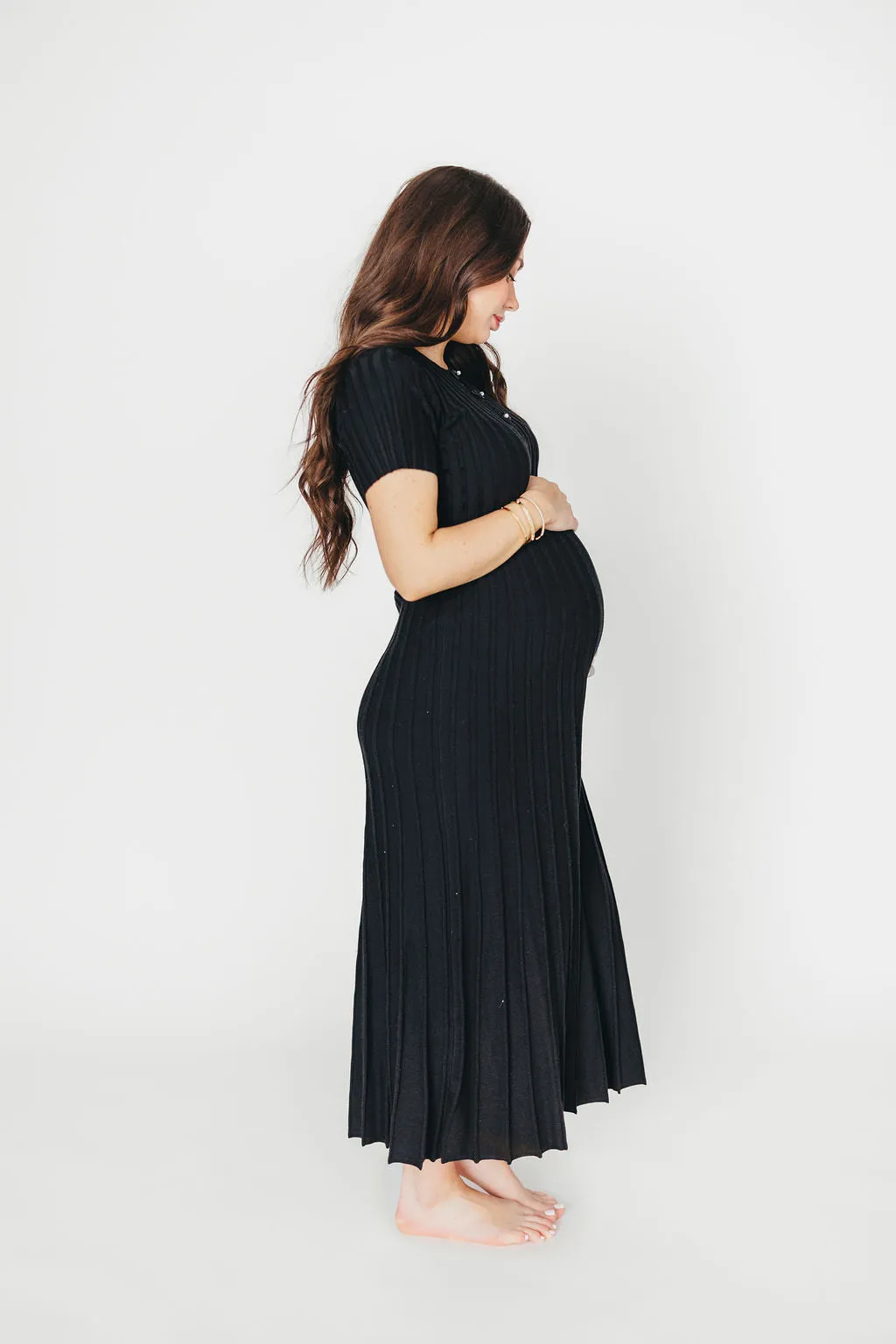 Winnie Front Bow Button Knit Midi Dress in Black - Bump Friendly