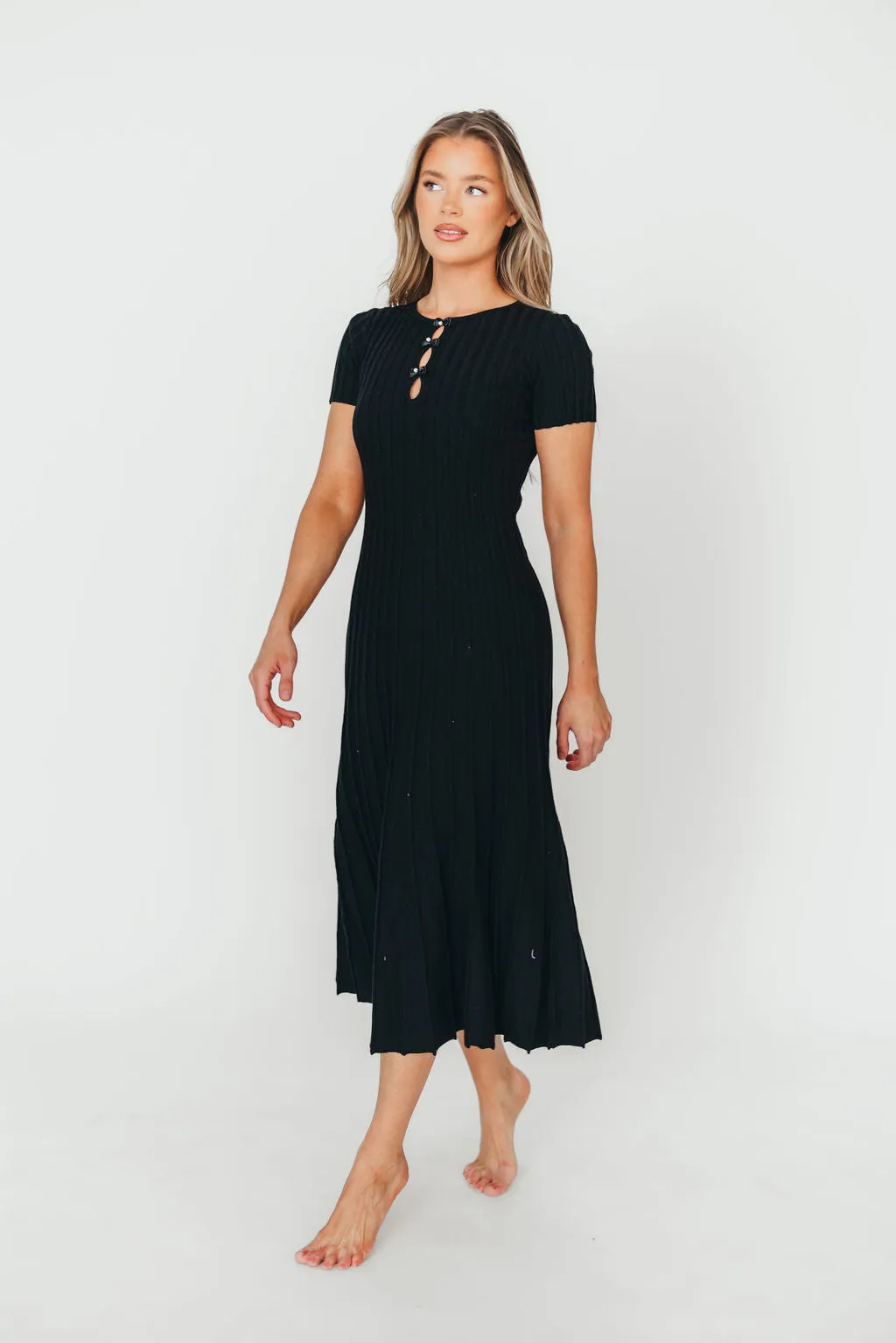Winnie Front Bow Button Knit Midi Dress in Black - Bump Friendly