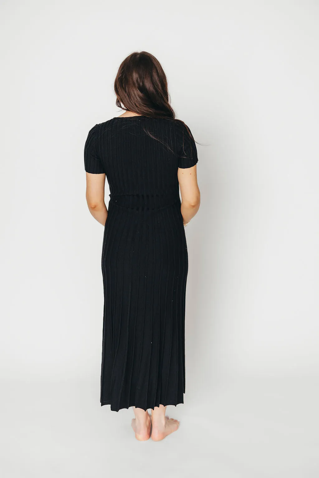 Winnie Front Bow Button Knit Midi Dress in Black - Bump Friendly