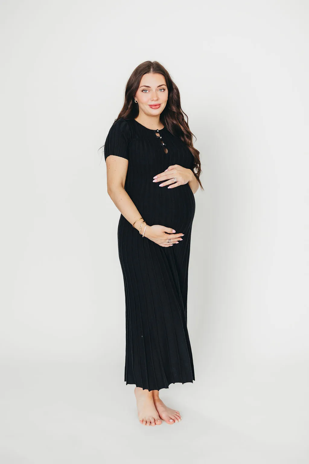 Winnie Front Bow Button Knit Midi Dress in Black - Bump Friendly