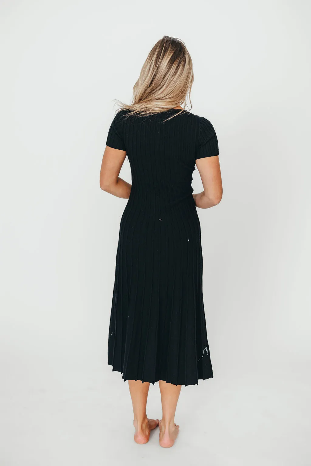 Winnie Front Bow Button Knit Midi Dress in Black - Bump Friendly