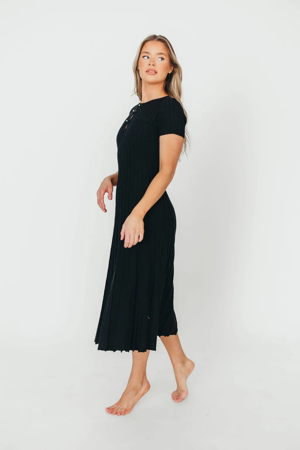 Winnie Front Bow Button Knit Midi Dress in Black - Bump Friendly