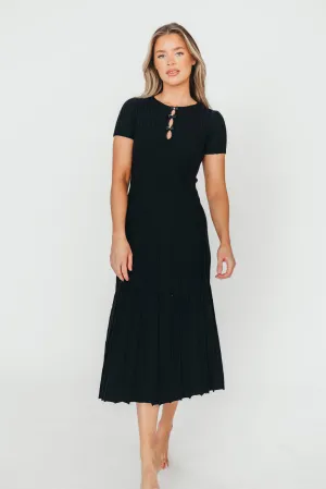 Winnie Front Bow Button Knit Midi Dress in Black - Bump Friendly
