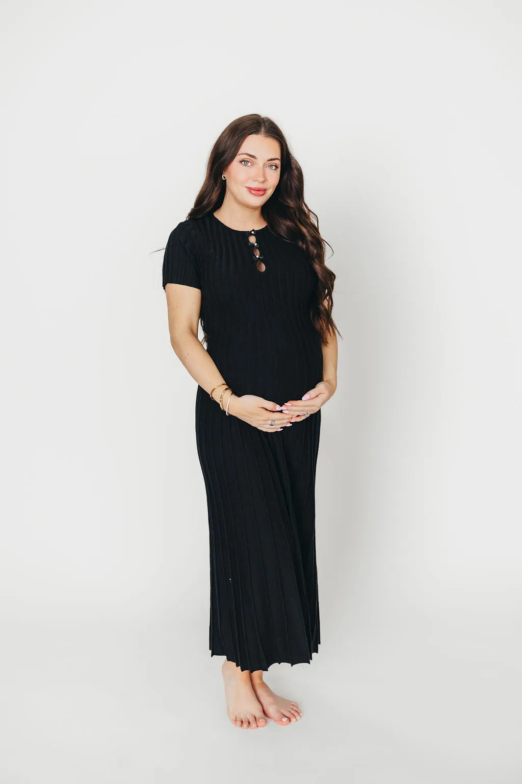 Winnie Front Bow Button Knit Midi Dress in Black - Bump Friendly