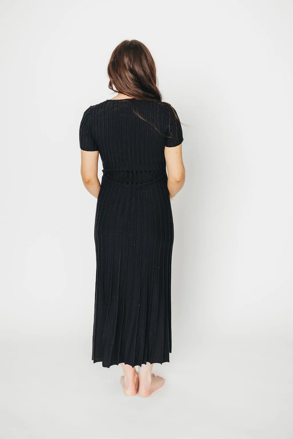 Winnie Front Bow Button Knit Midi Dress in Black - Bump Friendly